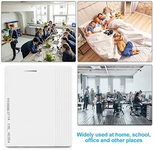 Collage showing Sonew RFID cards being used in a school classroom, a home bedroom, and an office environment.