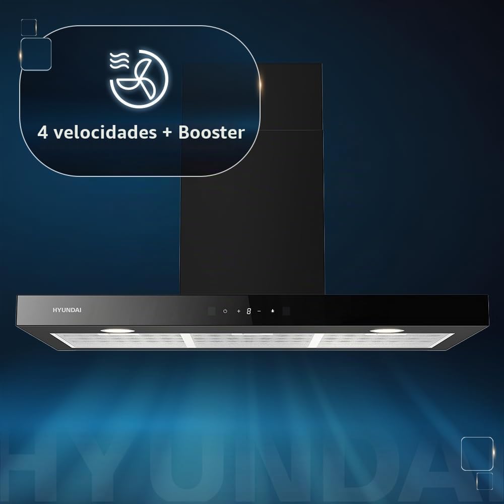 Hyundai Campana Extractora T 90cm, Cristal Negro, HCTT90DCB00. Potencia 958m3/h, 3 Velocidades, 2 Filtros, 68 dB Nivel Sonoro, Control Táctil, Filtros aptos para Lavavajillas