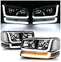 M-AUTO Switchback LED Tube DRL Black Housing Headlights Assembly Compatible with 99-07 GMC Sierra 1500/99-04 2500/ 01-07 1500 HD/2500 HD/3500 HD/99-06 Yukon/00-06 Yukon XL 1500/2500