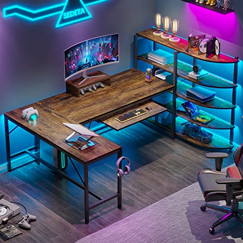 Sedeta L Shaped Computer Desk, 63'' Office Desk With Keyboard Tray & Led Lights, L Shaped Desk With Storage Shelves And Monitor Stand For Home Office, Rustic Brown #TOP2