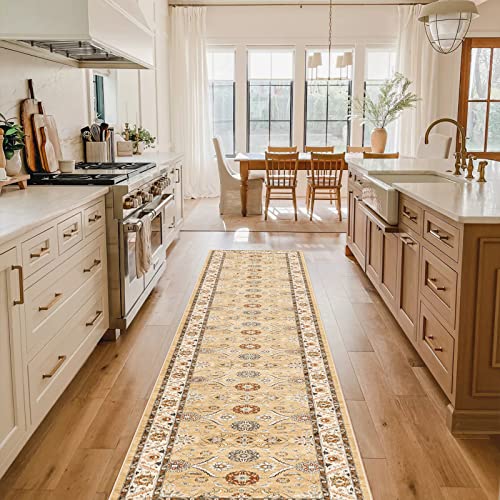 Washable Kitchen Runner Rug - 2X10 Persian Boho Hallway Rug Distressed Mats Non-Slip Soft Room Floor Carpet For Dining Room (Gold, 2 X 10) #TOP23