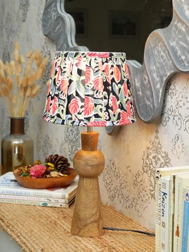 Image of Green Girgit Wooden Skirt Brown Table Lamp with Pleeted Multicolor Black Shade, Bedside Night Lamp with Printed Shade, Modern LED Lighting, E27 Bulb Compatible, Corded Electric, 6.5X9X18 inches