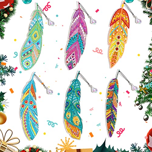 6 Pcs Diamond Painting Bookmarks DIY Feather Bookmark Crystal Pendant Bookmark for Home Office School,5D Diamond Painting Beginner Arts Crafts Gifts (1 mm Portable Version)