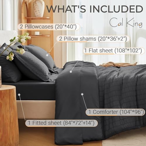 MUXHOMO 7 Pieces California King Comforter Set, Seersucker Bed in a Bag Cal King Size, All Season Luxury Bedding Set with Comforter, Flat Sheet, Fitted Sheet, Pillowcases & Shams, Dark Grey