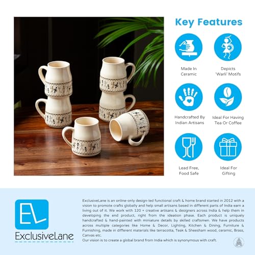 Image of ExclusiveLane 'Warli Village Tales' Ceramic Tea Cups Set of 6 for Tea Cups Ceramic (140 ml, Microwave Safe, Dishwasher Safe, Beige)| Coffee Cup Set Ceramic Cups Set of 6 Tea Cup Ceramic Drinkware