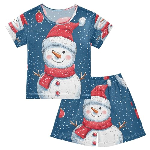 Pajama Sets Short Sleeve Snowman with Red Accessories Soft Cotton Summer Sleepwear 2 Piece PJS Size 5-14T