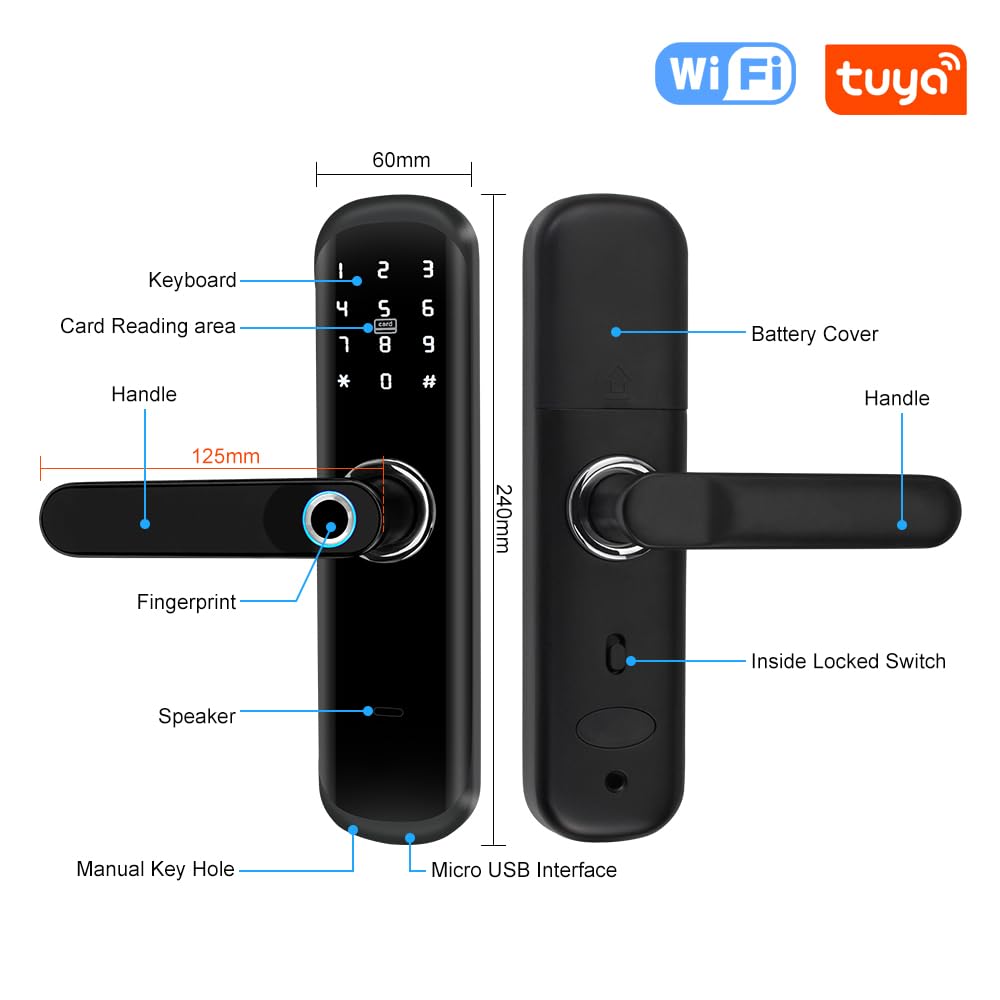 Serrure de porte intelligente avec poignée, serrure électronique biométrique 5 en 1, empreinte digitale, mot de passe, accès par clé de carte à puce, écran tactile, pour la maison, le