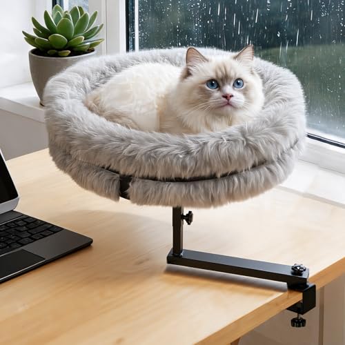 Lassume Cat Bed for Desk 360° Rotating, Cat Desk Bed with Adjustable Height, Removable Desk Mounted Kitty Bed with Soft Fur, Desktop Cat's Hammock Supports 33 lbs for Table Home Office Indoor
