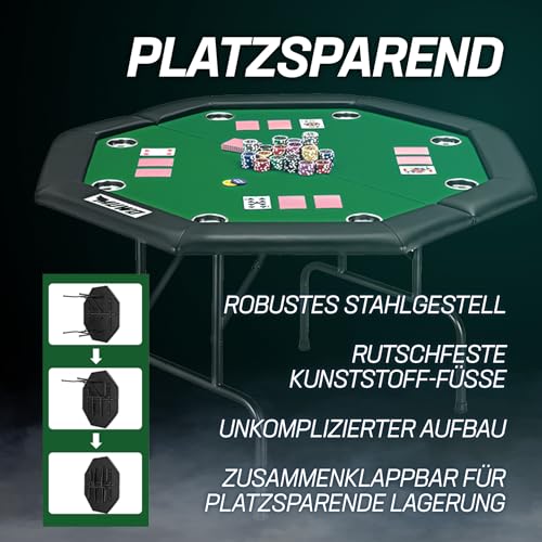 MUWO klappbarer Pokertisch für 8 Spieler – Achteckiger Spieltisch mit Filzbezug, Getränkehaltern und gepolsterter Armlehne – Robustes Stahlgestell, platzsparend lagerbar (Blau) – Bild 5