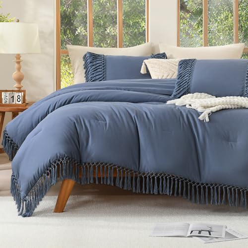 Image of Andency Comforter Full Size Set Bluish Grey, Boho Lightweight Vintage Soft Bedding Comforter Sets, 3 Pieces Bed Set (79x90In Comforter & 2 Pillowcases)