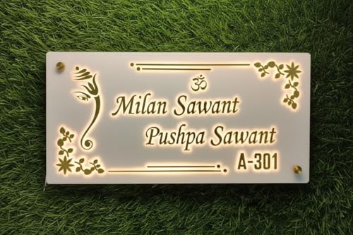 Image of Aarushi Creations Acrylic Customized Home Door Name Plate with LED Light - 3 Year Warranty - 10 Year Design Life - Acrylic Embossed letters, Mirror shine, White, Sun & Rain Suitable (12x8 in 3 mm) (16x8 in 3 mm) (20x10 in 4 mm) (30x20 cm 3 mm)