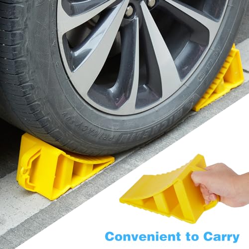 Wheel Chocks 4Pack, Heavy Duty RV Wheel Chocks with Handles, Durable, Non-Slip, Hard Plastic Wheel Chocks for Trailer, RV, Camper, Effective in Keeping Your Vehicle in Place, Yellow