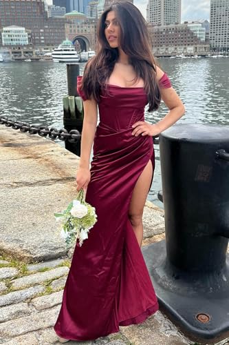 Women's Off Shoulder Mermaid Prom Dresses with Slit Long Satin Corset Formal Party Gowns Bridesmaid Dresses3