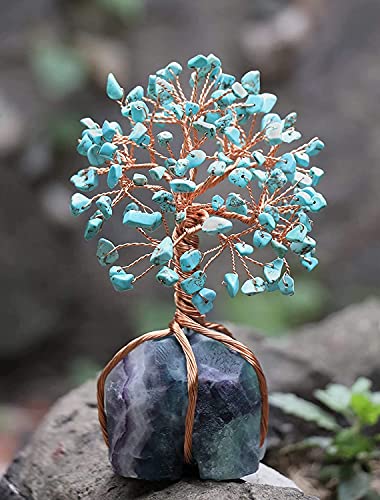 Image of Crocon Howlite Green Turquoise Gemstone Money Tree with Fluorite Rough Wire Wrapped Base | Feng Shui Bonsai | Ornament Figurine | Chakra Balancing | Reiki Crystal Healing | Spiritual | Decor Size 5-6 inch