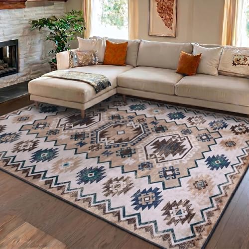 Image of Medallion Vintage Look Carpet for Living Room Bedroom Dining Room | Washable Area Rug with Non Slip TPR Backing | Modern Floor Carpet for Home(Design06-4x6 Feet)
