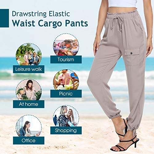 andy & natalie Women\'s Elastic Waist Pants Drawstring Cargo Paper Bag Pockets Ankle Tie Jogger Sweatpants Trouser Khaki