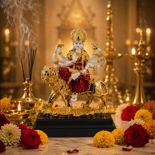 Image of Premium Maa Durga Statue on Lion - White, Gold & Red Ceramic Ambe Maa Idol - Luxury Hindu Goddess Figurine for Home Decor, Pooja Mandir, and Festive Gifting