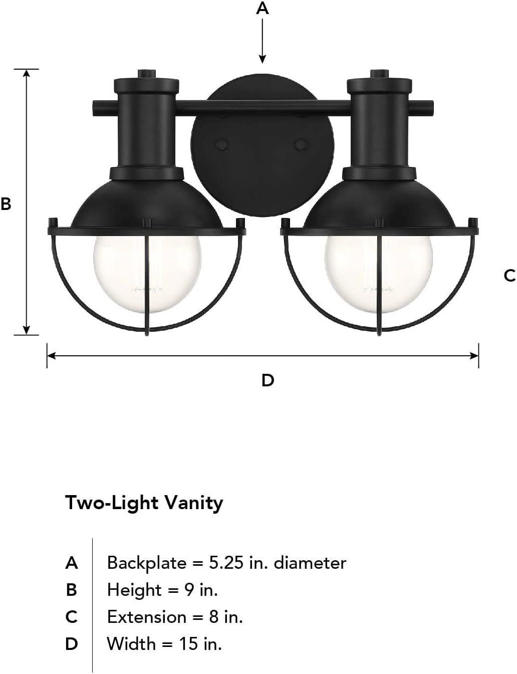 Designers Fountain Dalton Industrial Farmhouse 2-Light Bathroom Vanity Light Fixture, Matte Black, D243M-2B-MB