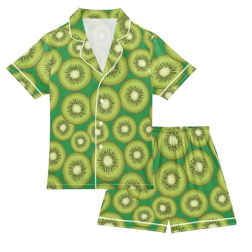 Satin Pajama Sets Short Sleeve Kiwi Fruit Slice Pattern Button Down Silky Nightwear 2 Piece PJS 5-14Y