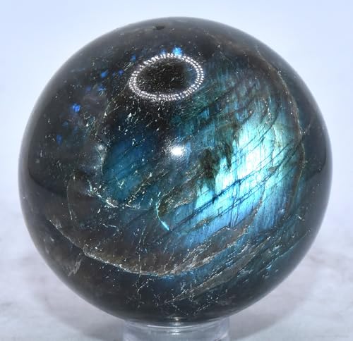Pair 47mm Sparkling Labradorite Carved Spheres Polished Collectible Natural Feldspar Gemstone Crystal Mineral Decor Specimen Balls - Madagascar + Stand (2PCs)