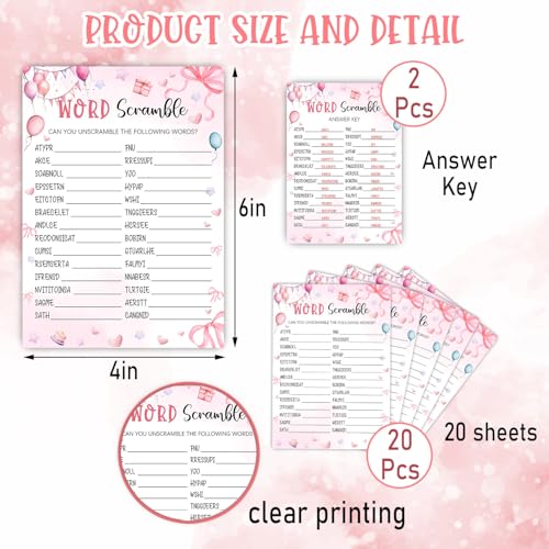 Image of Coquette Pink Bow Themed Sleepover Slumber Party Supplies-Pink Slumber Party Games Card - Sleepover Stuff- Birthday Night Games Creative Idea -Word Scramble- 20 Game Cards and 2 Answer Key