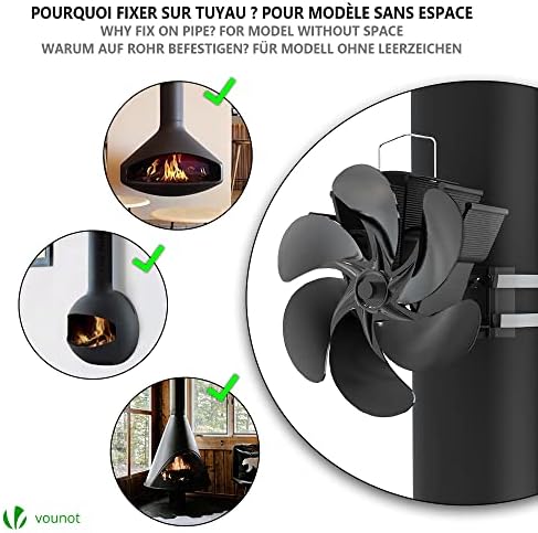 VOUNOT 6 Blade Stove Fan Wood Burning Gas Mini Stove Fan, Silent Operation and Heat Distributions Stove Fan Include Thermometer