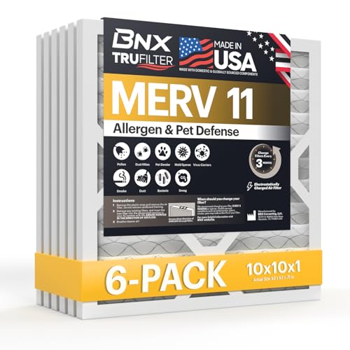 Image of BNX TruFilter 10x10x1 Air Filter MERV 11 (4-Pack) - MADE IN USA - Allergen Defense Electrostatic Pleated Air Conditioner HVAC AC Furnace Filters for Allergies, Dust, Pet, Smoke, Allergy MPR 1200 FPR 7
