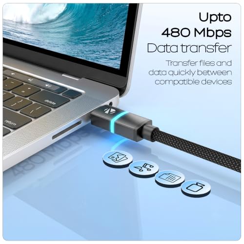 Image of ZEBRONICS Wattz 65CC3 Type-C to Type-C Cable, PD 65W, 3A Rapid Charging, Durable 1.5m Braided Cable, Blue Breathing LED, Charge & Sync, 480Mbps Data Transfer, Mobile /Tablet /Laptop Compatible (Black)