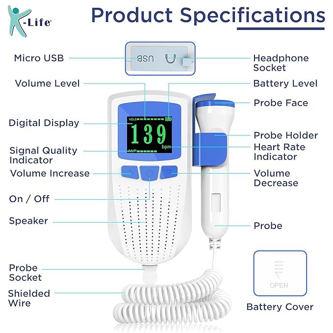 Image of K-Life Model Fd-101 Heartbeat Rate Detection Monitor with In-Built Speaker Fetal Doppler (White)