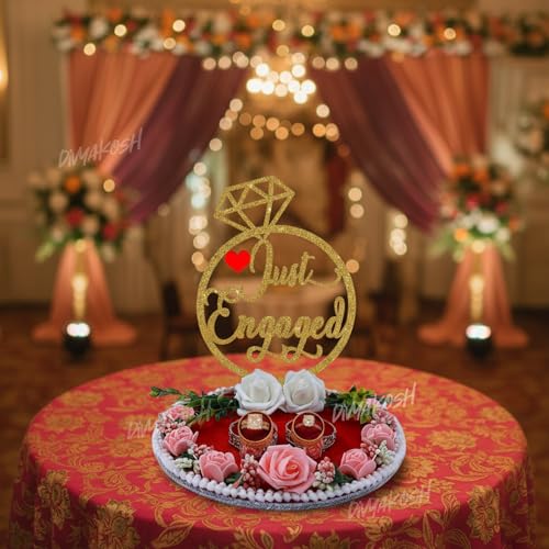 Image of Divyakosh Just Engaged Red MDF Engagement Ring Holder Tray 8x9 inch | Classy Ring Platter for Engagement Ceremony | Engagement Ring Display Box for Couples | Decorative Ring Holder Gift Tray