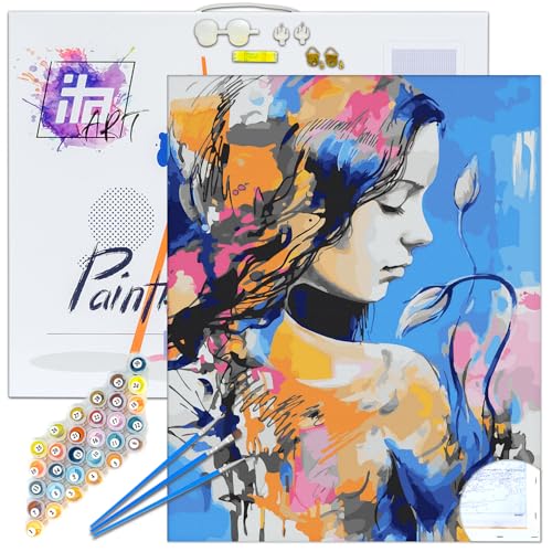 ITA Art Malen nach Zahlen Komplett Set mit Keilrahmen, Acrylfarben, Pinseln, Zubehör, Geschenkbox - DIY Gemälde Bastelset Kit mit Leinwand für Erwachsene, 40x50 cm, Das Mädchen mit den Blumen