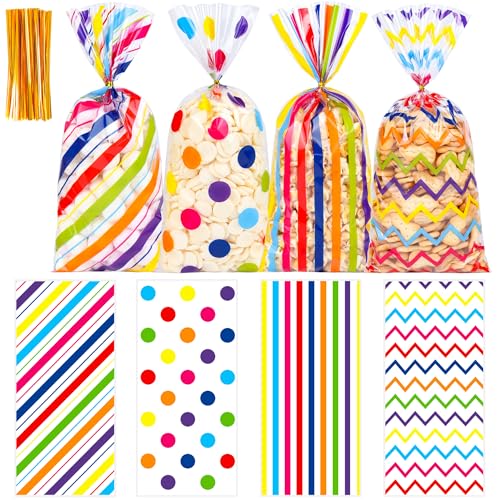 ZYLOP 50 Pack Rainbow Cellophane Treat Bags - 5.1 x 10.6 Inch Plastic Stripe & Polka Dot Goodie Bags with 60 Gold Ties, Vivid Colorful Gift Packing for Candy, Cookies, Party Favors & Small Prizes