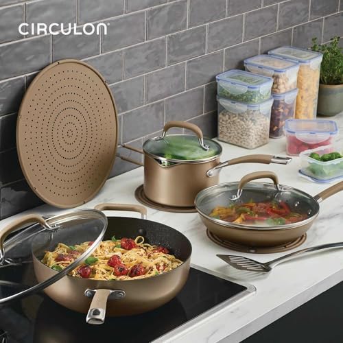 Image of Circulon A1 Series with ScratchDefense Technology Nonstick Induction Pots and Pans, Metal Utensil Safe, Includes Splatter Guard, Slotted Turner and Silicone Trivets, 10 Piece Cookware Set - Champagne
