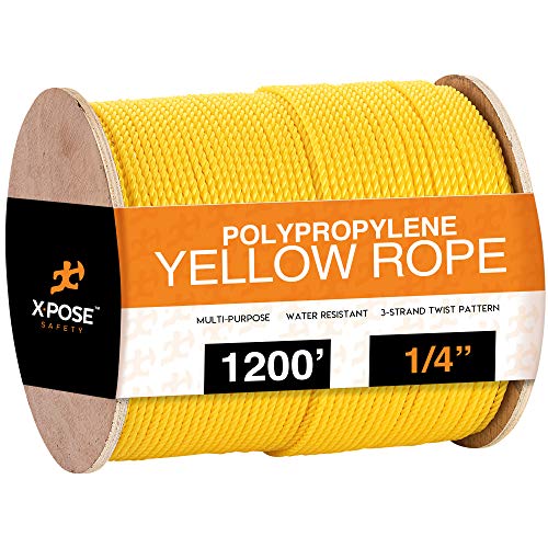 1200 ft Twisted Polypropylene Rope - 1/4 - Yellow Floating Poly Pro Cord - Resistant to Oil, Moisture, Marine Growth and Chemicals - Reduced Slip, Easy Knot, Flexible - by Xpose Safety