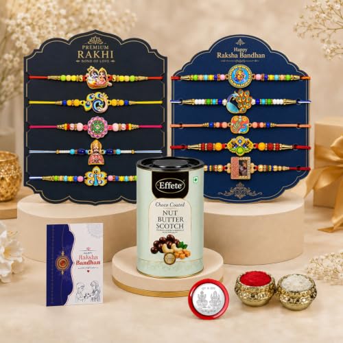 Image of DeoDap Rakhi with Chocolate for Brother - Stylish Multi Design Colorful Rakhi 10 Pcs with Butter Scoth Chocolate (96g) with Silver Color Pooja Coin, Greeting Card & Tilak Set - Traditional Raksha Bandhan Pack