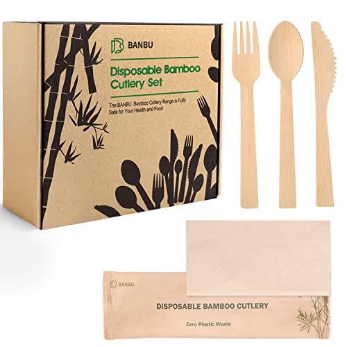 Bamboo Utensils with Napkin-58 Pack Individually Wrapped (6.7" 58 Forks 58 spoons 58 Knives 58 Napkins) Disposable Bamboo Cutlery Travel Set Compostable Biodegradable Fork Knife Spoon and Napkin