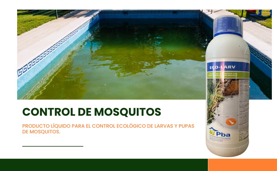 Liquido larvicida anti mosquitos I Elimina larvas y pupas de mosquitos I control en aguas estancadas, residuales, para superficies aquaticas I SIN BIOCIDAS