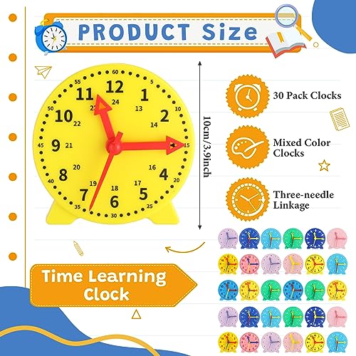 Image of Libima 30 Pieces Tell Time Teaching Clock Kit Time Activity Set Colorful Mini 12 /24 Hours Geared Clock for Basic Math Development Supplies, 3.9 Inch