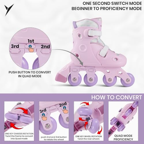Image of Jaspo Novice 2-in-1 Kids Roller Skates Combo- Inline to Quad Convertible | Adjustable Size | PU Wheels | Fiber Body | Lightweight & Comfortable Skating Combo (Purple, Extra Small)
