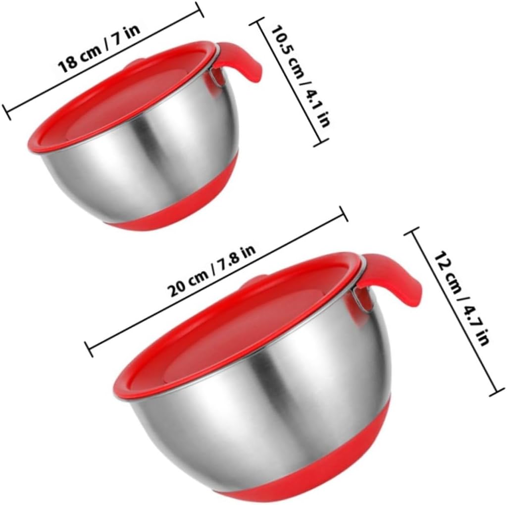 BESPORTBLE Stainless Steel Mixing Bowls Set with Red Handle Food Mixing and Storage Bowls Silicone Non-slip Base Lettered Lids and 3 Graters Multi-function Kitchen Prep for Baking and Salad