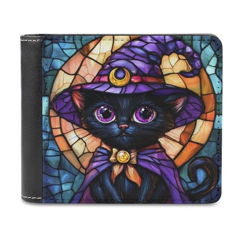 Stained Glass Halloween Black Cat Soft PU Leather Bifold Wallet, Coin Purse Credit Pass Case, Durable Card-Holder Slim Billfold for Men Woman Money Storage
