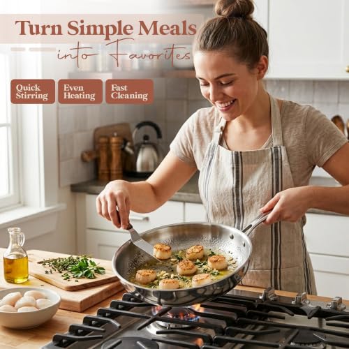 Image of Titanium Frying Pan, Hammered Non-Stick Skillet with Glass Lid & 4 Spatulas, PFAS /PFOA /PTFE-Free, Tri-Ply Stainless Steel, Induction & Oven Safe, Dishwasher Safe Cookware
