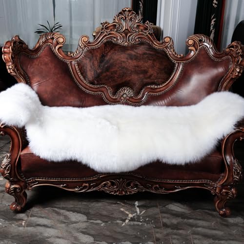 Image of AOGELAN Genuine Sheepskin Rug with Little Patches, Real Shaggy Fur Wool Sheep Skin Throw Pad for Bedroom Living Room Floor, Pray Pup Mat, Chair Sofa Seat Cover, Double Pelt Ivory White