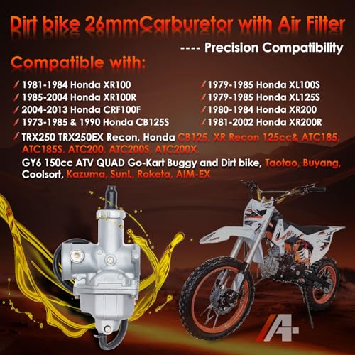 Image of PZ26 Carburetor with Air Filter Replacement for 1981-1984 Honda XR100, 1985-2004 XR100R, 2004-2013 CRF100F, TRX250, TRX250EX Recon, CB125, Taotao & More (Pack of 2)