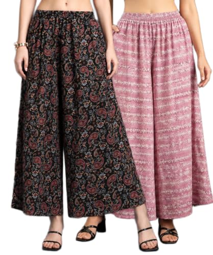 Image of Women Printed Palazzo Pants Combo Pack of 2, Comfortable Elastic Waist Lounge Pants for Women | Relaxed Fit, Loose Fitting Wide Leg Palazzo Pants, Casual Bottom (Available in S to 3XL Size)