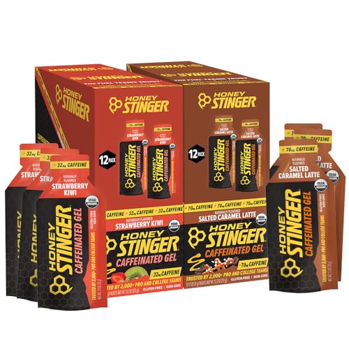Image of Honey Stinger Caffeinated Organic Energy Gel Variety Pack of 24, 12 Packs Each of Salted Caramel Latte & Strawberry Kiwi, Caffeinated & Gluten Free, for All Exercises, Sports Nutrition for Home & Gym