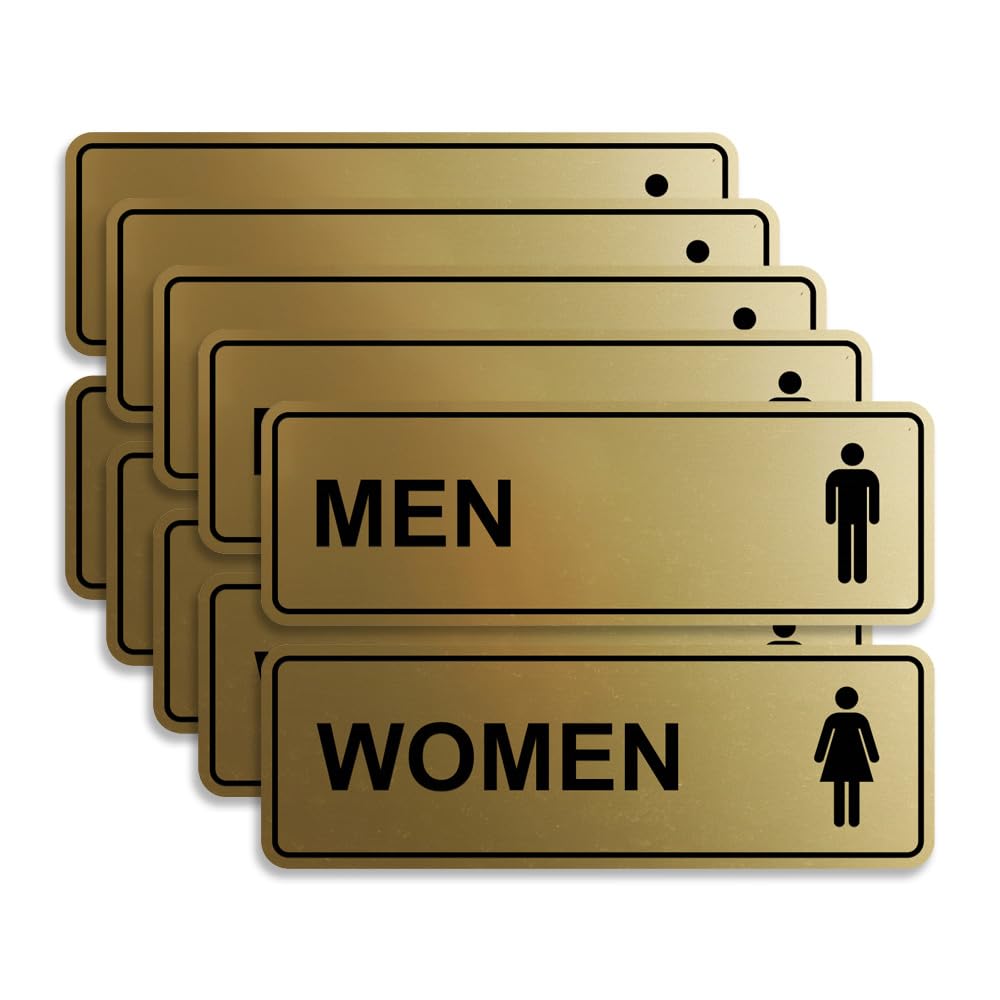Letrero estándar para baño para hombres y mujeres (juego de 2) – Oro cepillado – Tamaño mediano, paquete de 5 (10 piezas)