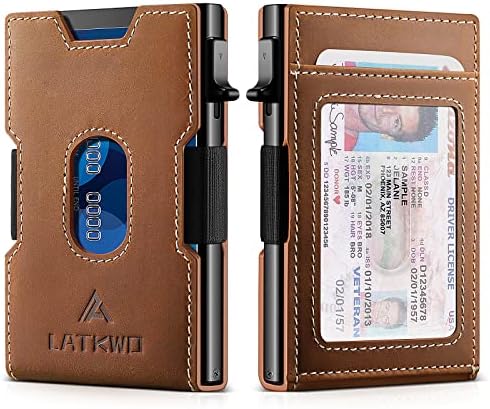 LATKWO Minimalist Slim Genuine Leather Wallet For Men Metal Wallet-RFID Blocking Wallet with Money Clip，Aluminum Metal Bank Card Case for notes and credit cards, and debit cards Brown