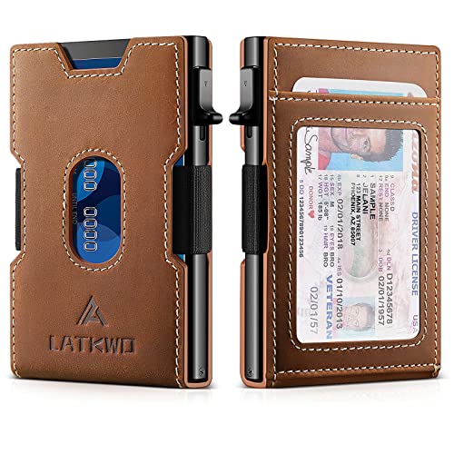 Latkwo Minimalist Slim Genuine Leather Wallet For Men Metal Wallet-Rfid Blocking Wallet With Money Clip，Aluminum Metal Bank Card Case For Notes And Credit Cards, And Debit Cards Brown #TOP1