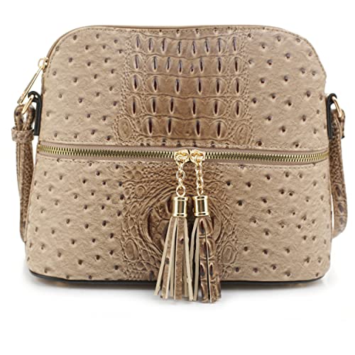 SG SUGU Crocodile Pattern Lightweight Medium Dome Crossbody Bag Shoulder Bag with Tassel | Taupe
